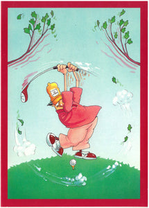 Funny golf greeting card with drawing of a golfer swinging and missing the ball on the tee