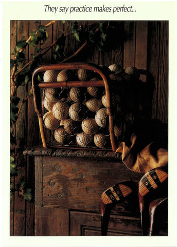 Golf greeting card with golf balls in a wire basket reads 'They say practice makes perfect…'