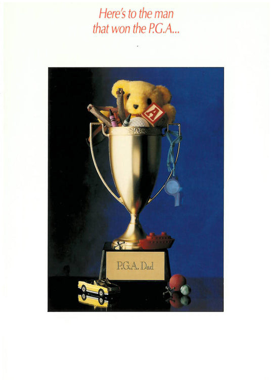Father's Day golf greeting card with a teddy bear in a trophy