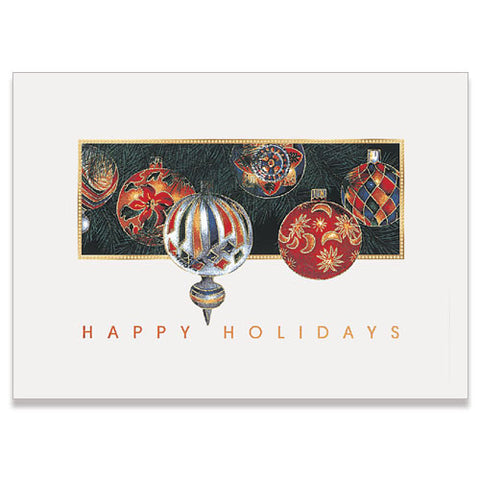 Colorful Christmas ornaments hang on a Christmas tree on a holiday card design