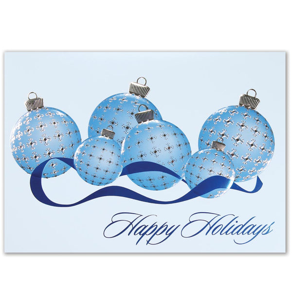 Light blue holiday card with embossed Christmas bauble ornaments with silver foil decorations.