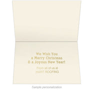 Inside of card shows a Christmas sentiment and sample logo imprint in gold foil.