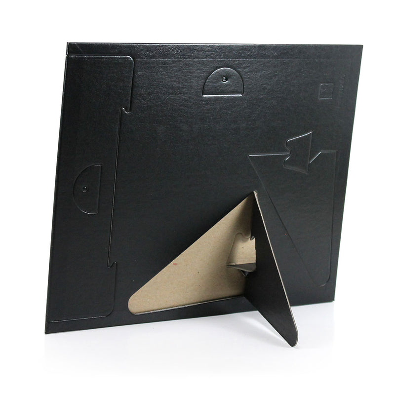 Back of frame with pop-out desk easels and wall-hanging tabs.