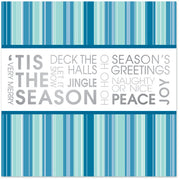 Square modern holiday card with blue stripes and silver foil typography design