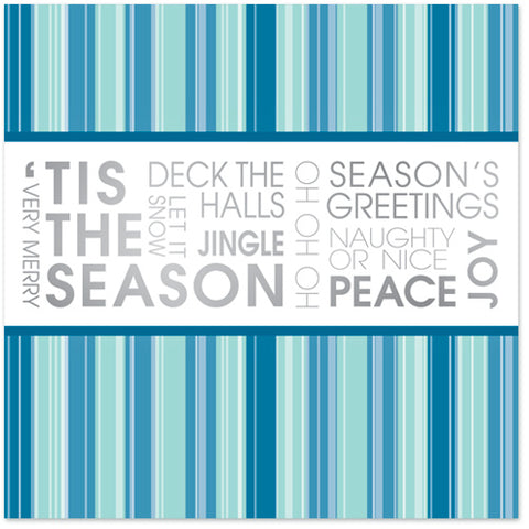 Square modern holiday card with blue stripes and silver foil typography design