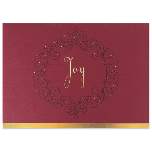 Burgundy matte paper with scrolled wreath design and gold foil accents