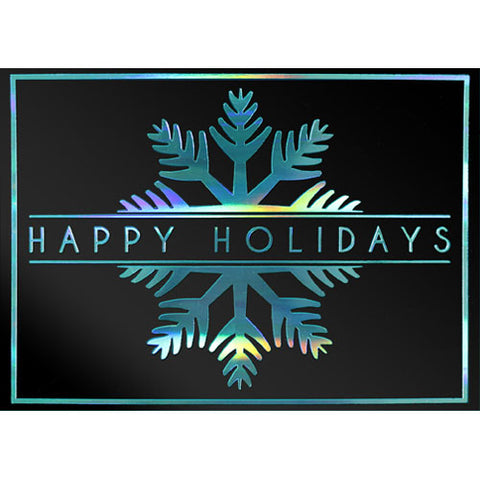 Black Christmas card with metallic light blue snowflake and holiday text design