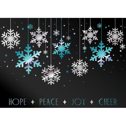 Black holiday card with silver and blue snowflakes design