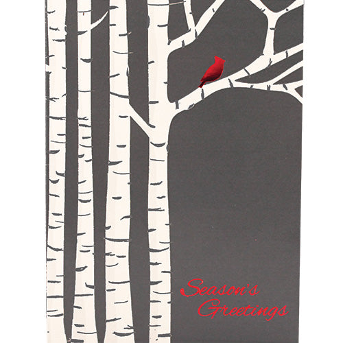 Birch trees on a gray background with red foil cardinal