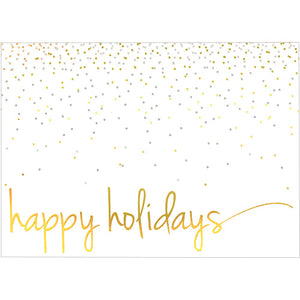 White holiday card with gold and silver foil confetti design.