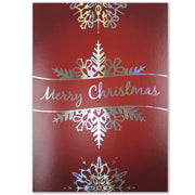 Red Christmas card with silver foil snowflake design