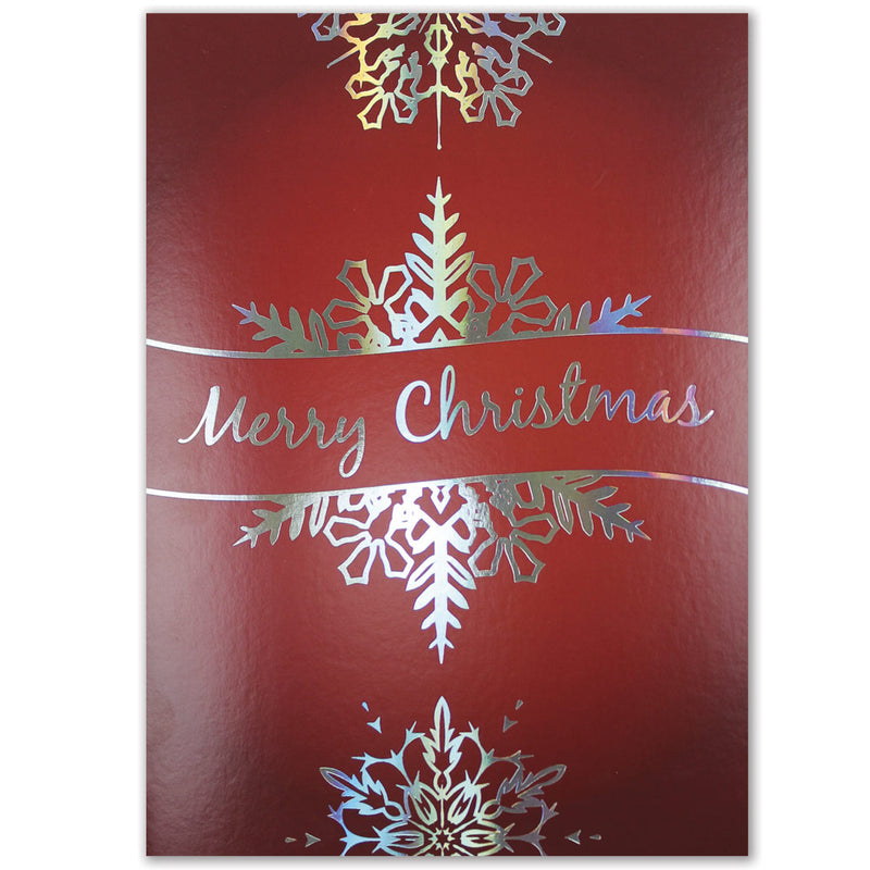 Red Christmas card with silver foil snowflake design