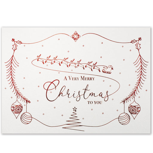 White pearlescent greeting card with bright red foil Christmas design