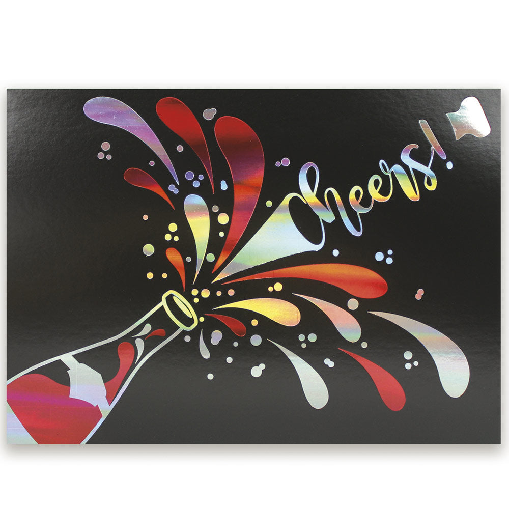 Black holiday greeting card with red and silver foil bursting champagne bottle design