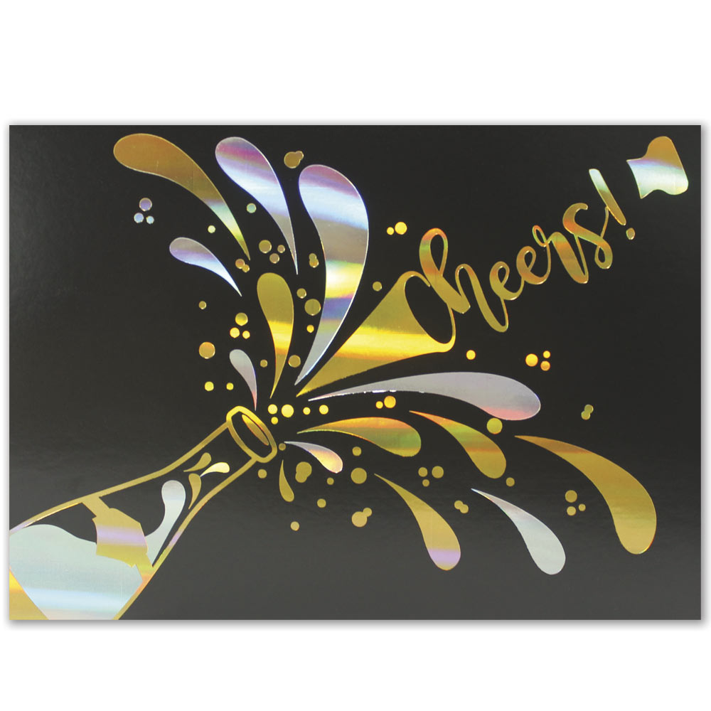 Black holiday greeting card with gold and silver foil bursting champagne bottle design.