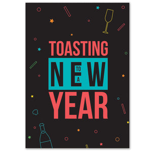 Black greeting card with blue, red, and yellow confetti design with new year greetings