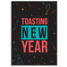 Black greeting card with blue, red, and yellow confetti design with new year greetings