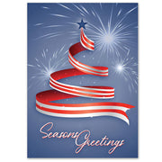 Holiday card with ribbon Christmas tree in red and white with a blue start on top and fireworks exploding in the background.