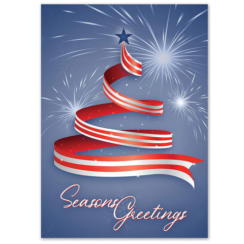 Holiday card with ribbon Christmas tree in red and white with a blue start on top and fireworks exploding in the background.