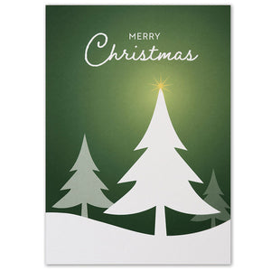 Christmas card with simple evergreen tree silhouette design.