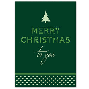 Minimalistic Christmas card with evergreen tree and polka dot design.