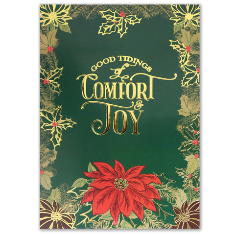 Classic green, gold, and red Christmas card with poinsettia design.