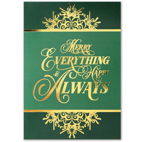 Green holiday card with decorative gold foil design.