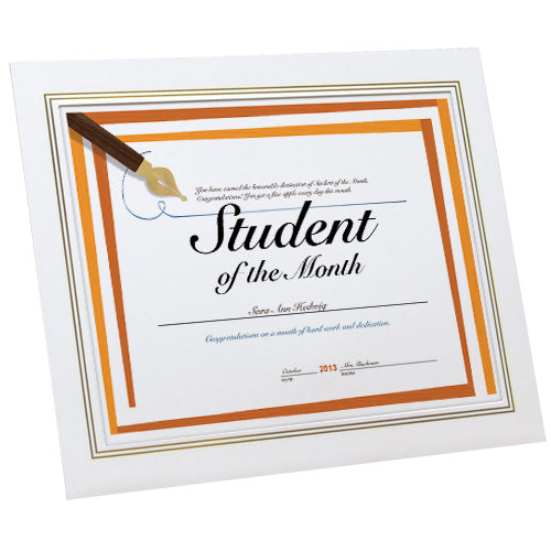Horizontal white paper certificate frame with decorative gold foil border