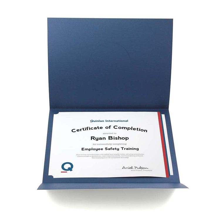Navy blue certificate folder shown open with award framed inside.