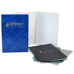 Small padfolios in blue, black, green, and silver