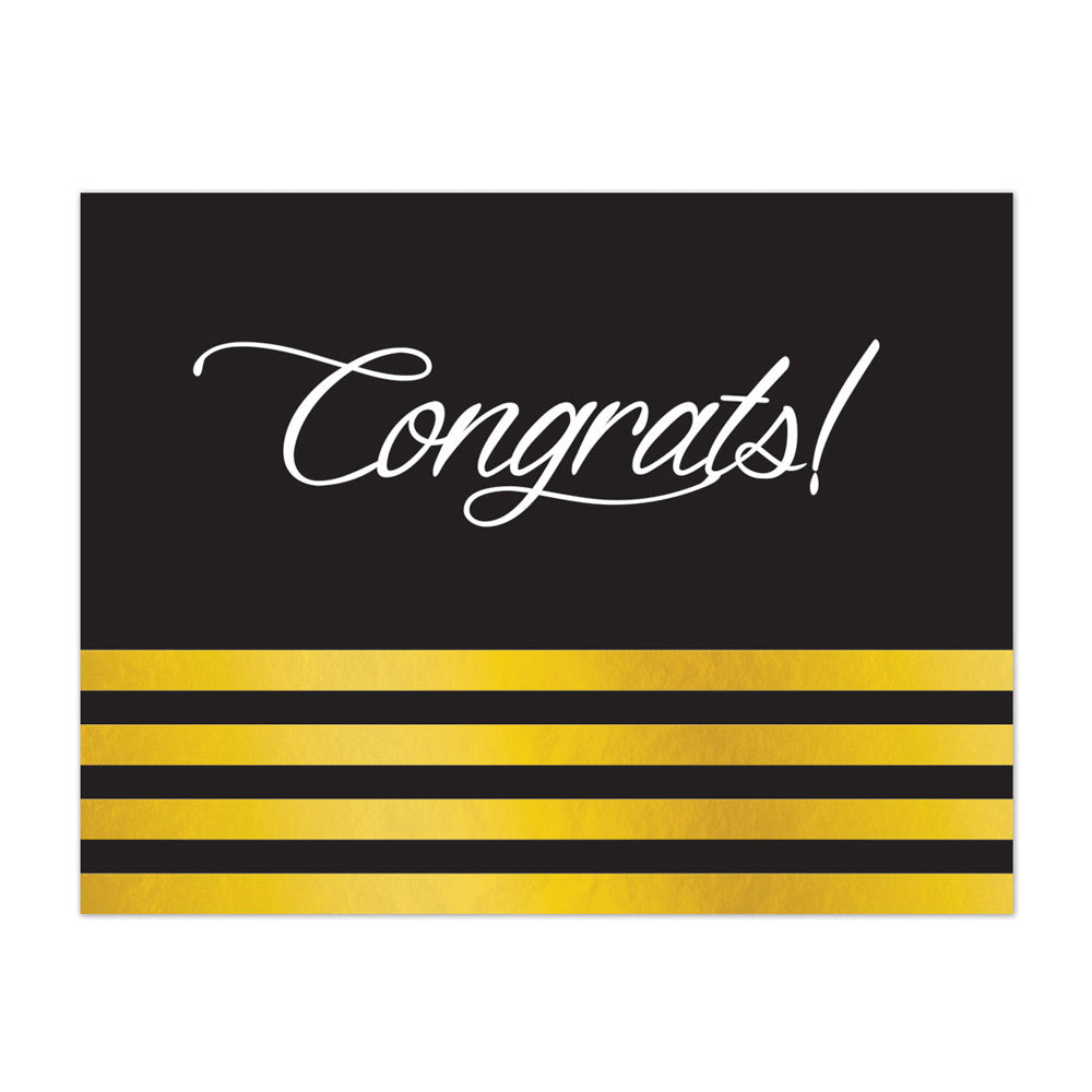 Black congratulations greeting card with white script Congrats! and four gold foil stripes below it that span the entire width of the card.