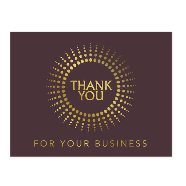Maroon business thank you card with gold foil design accents