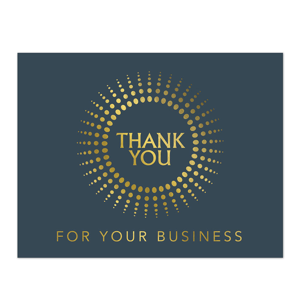 Navy blue business thank you note card with gold foil design accents