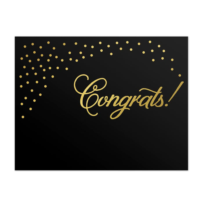 Black greeting card with gold foil bubbles and Congrats in a decorative script font.