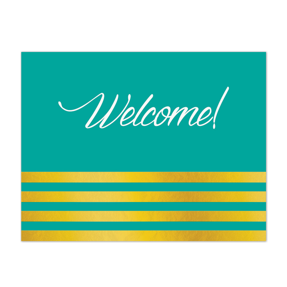 Teal and gold welcome note card
