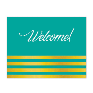 Teal and gold welcome note card