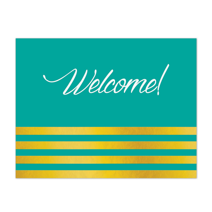 Teal and gold welcome note card