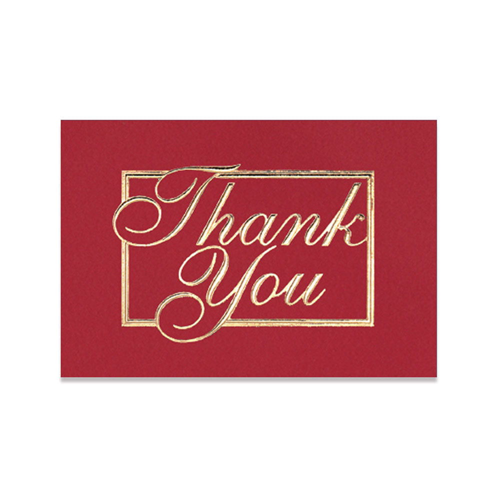 Red business thank you note card with embossed gold foil design accents