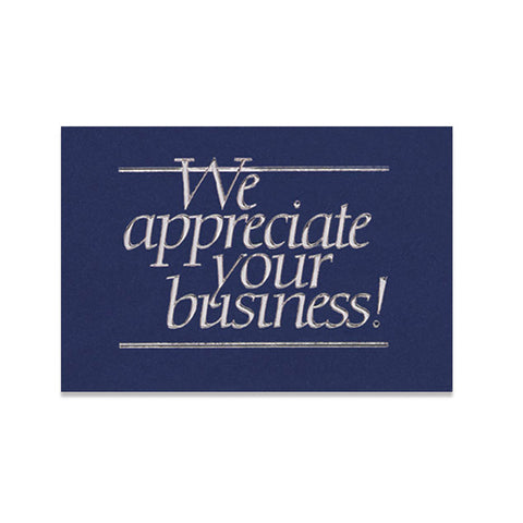 Blue business thank you note card with silver foil embossed design