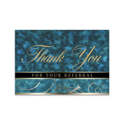 Blue marble referral thank you card with gold foil design accents