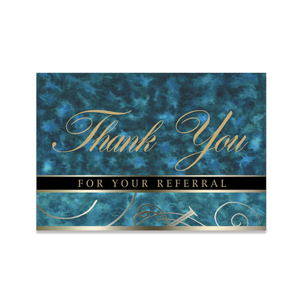 Blue marble referral thank you card with gold foil design accents