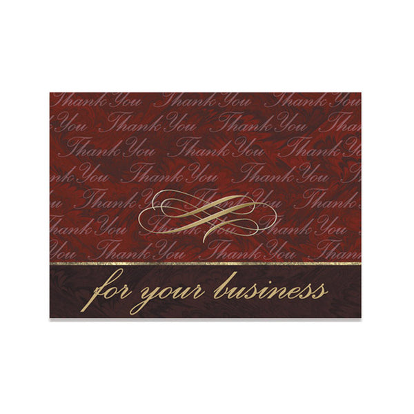 Burgundy marble business thank you note card with gold foil design accents