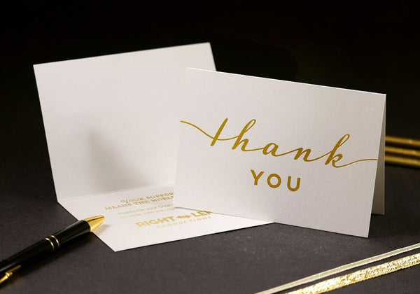 Minimalistic thank you note card with stock sentiment and logo imprint