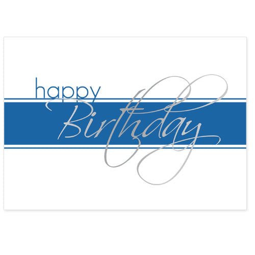 Birthday greeting card with silver foil script design