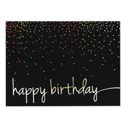 Black horizontal card with rainbow-colored confetti design and a silver script happy birthday