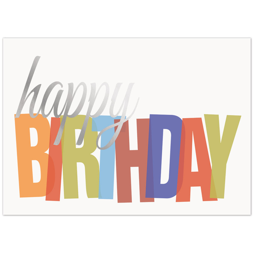 Birthday greeting card with silver foil and colorfully printed typography design