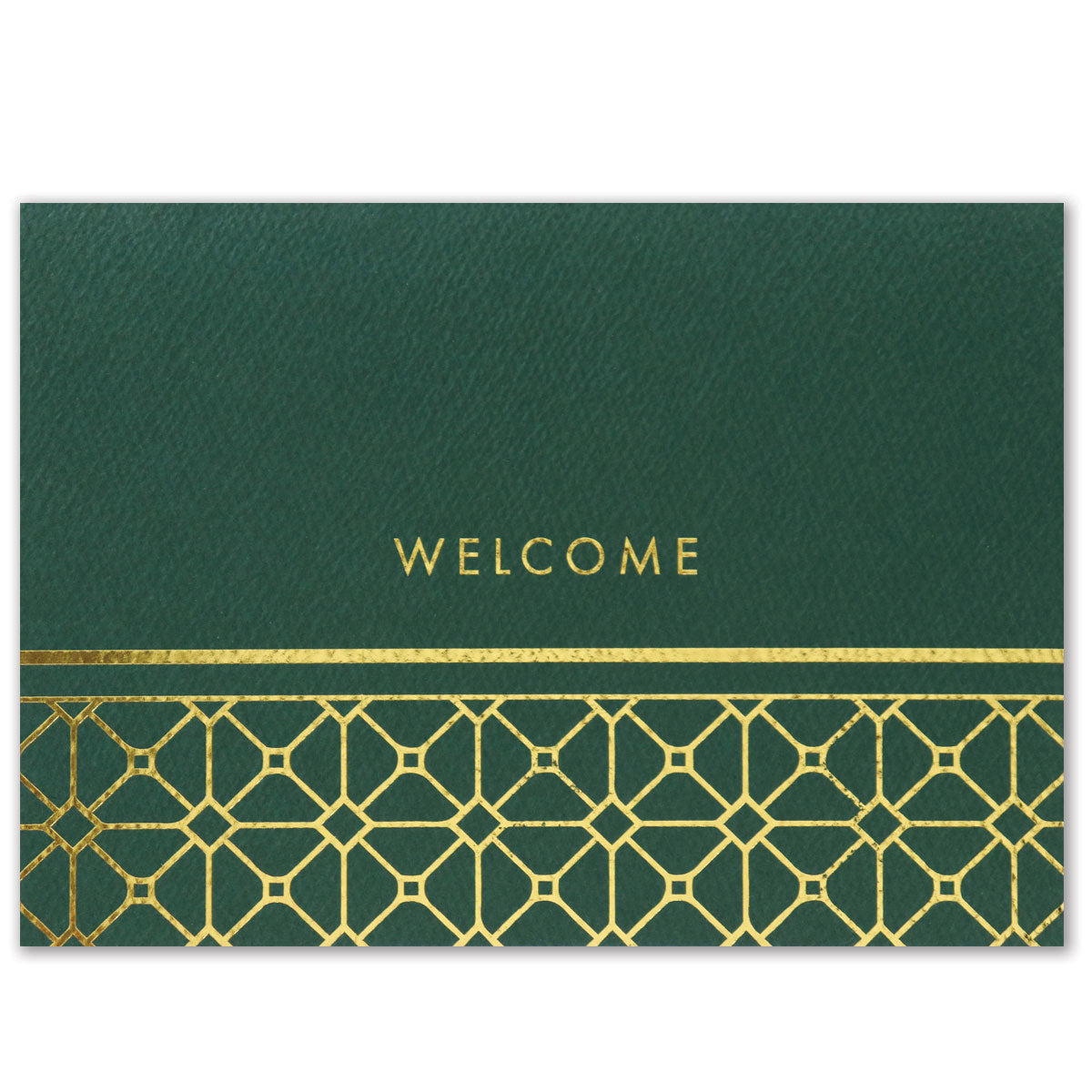 Textured green felt welcome card with gold foil lattice design