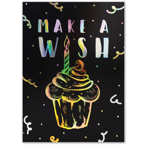Black greeting card with gold cupcake design and silver text that reads, make a wish