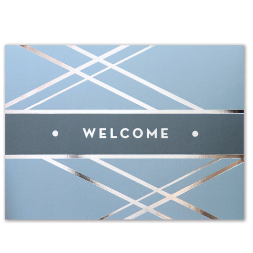 Light blue welcome card with criss-cross silver foil design