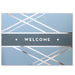 Light blue welcome card with criss-cross silver foil design